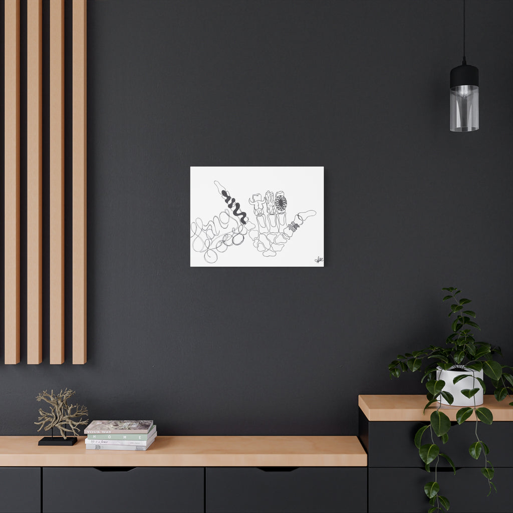 Matte Canvas Wall Art — Minimalist Hand Skeleton Line Drawing "Hang Loose"