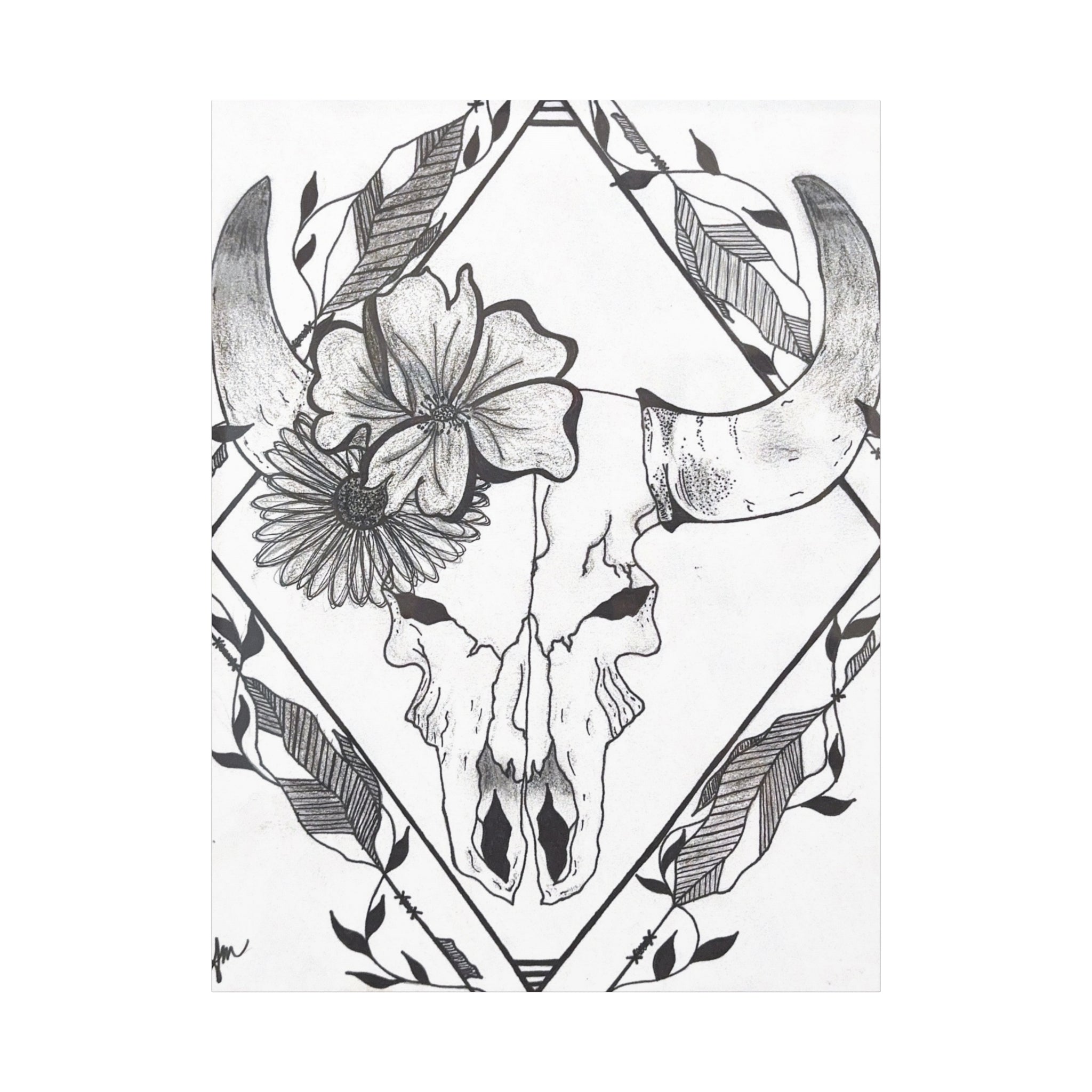 Floral Bull Skull Canvas Print — Black & White Botanical Skull Wall Art