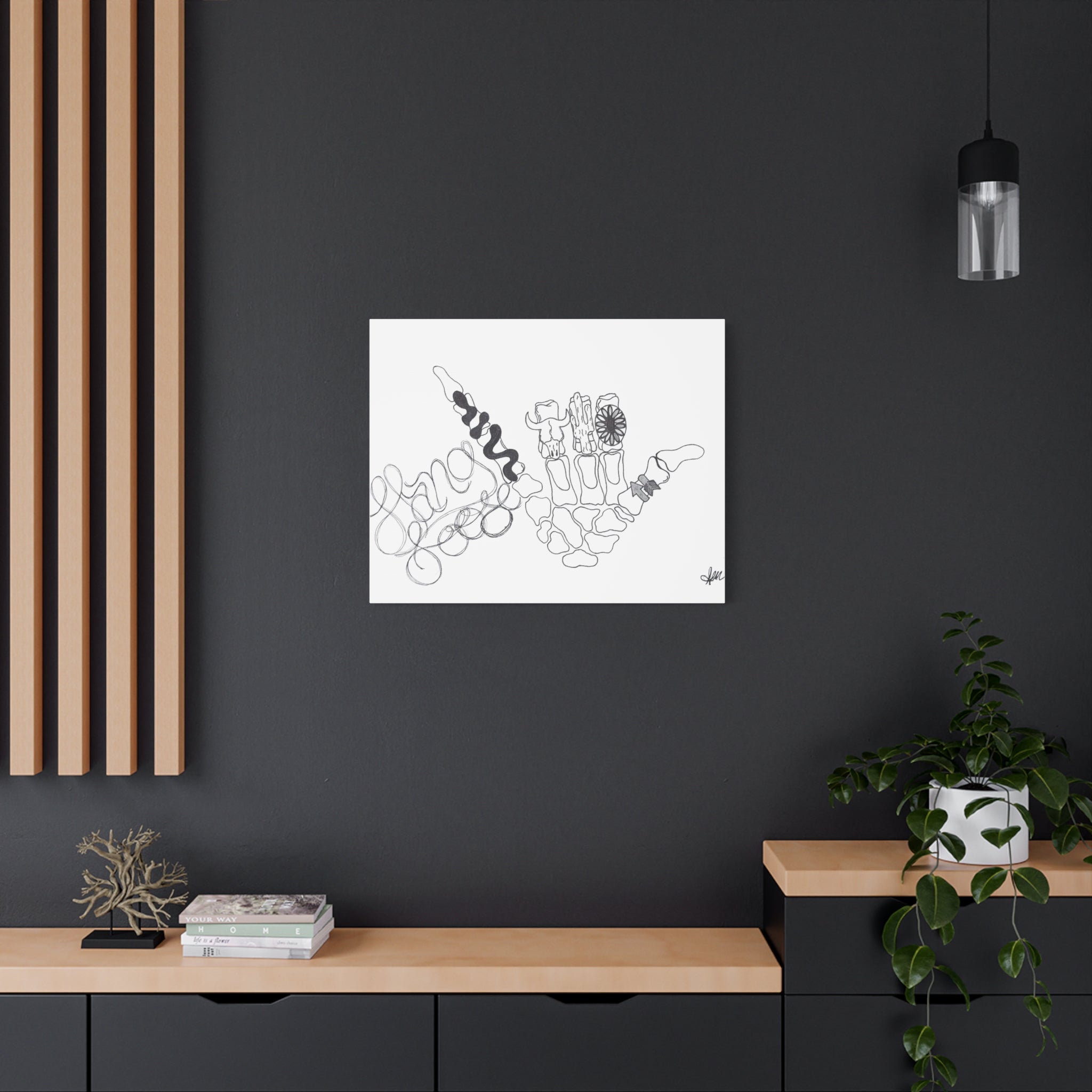 Matte Canvas Wall Art — Minimalist Hand Skeleton Line Drawing "Hang Loose"