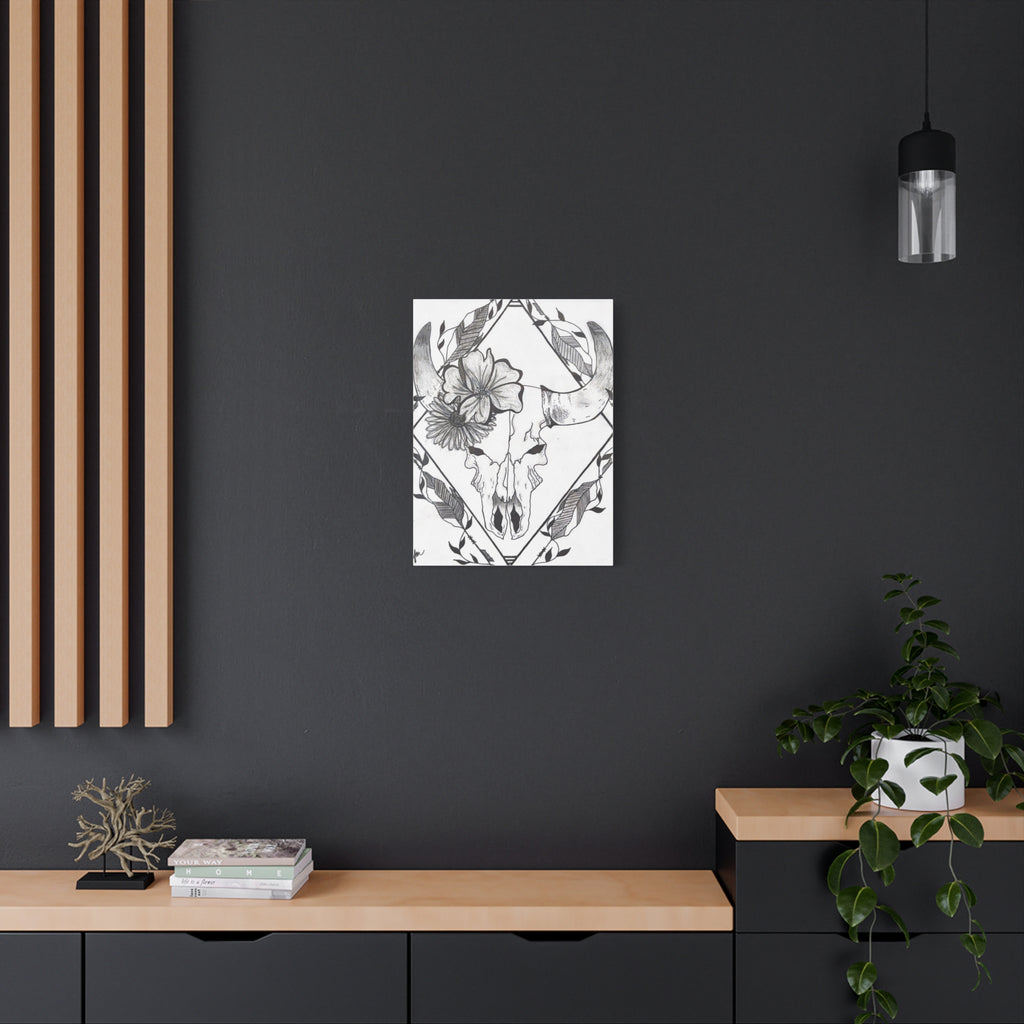 Floral Bull Skull Canvas Print — Black & White Botanical Skull Wall Art