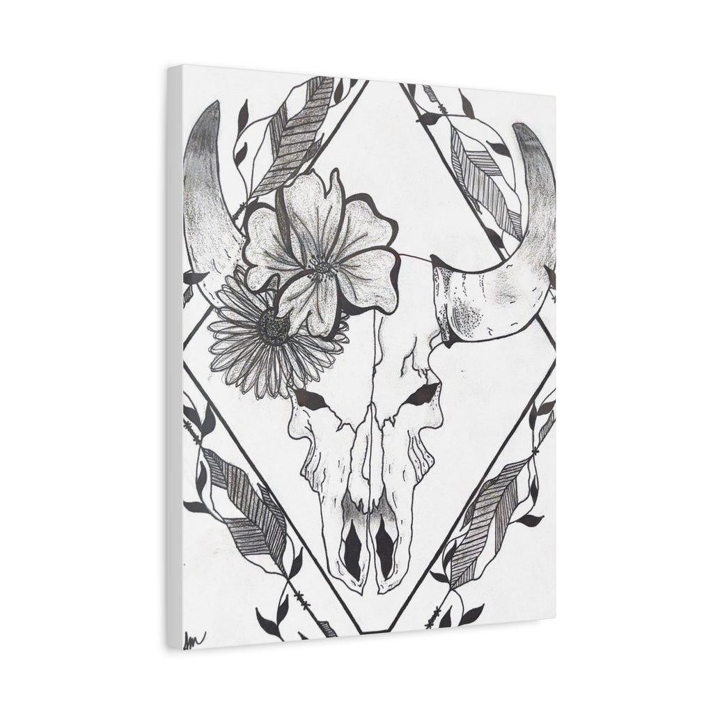 Floral Bull Skull Canvas Print — Black & White Botanical Skull Wall Art