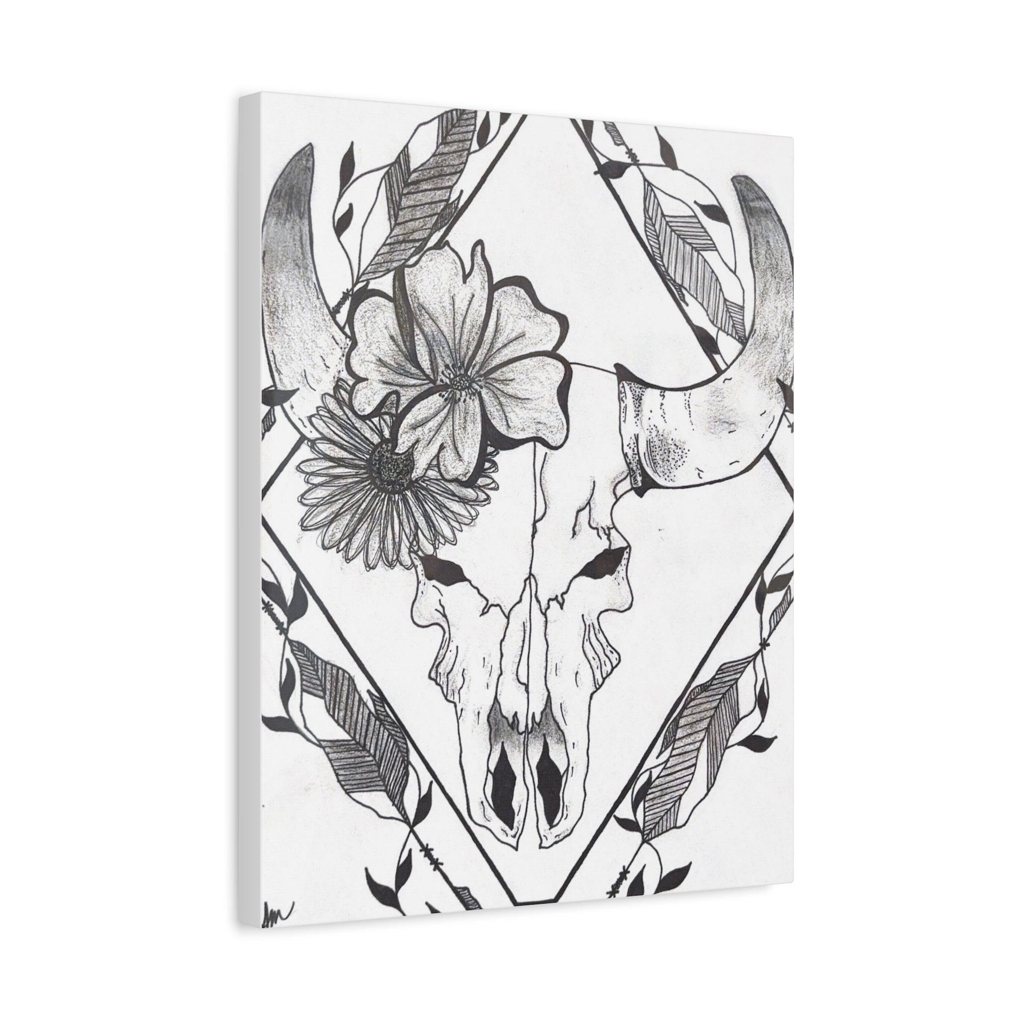 Floral Bull Skull Canvas Print — Black & White Botanical Skull Wall Art