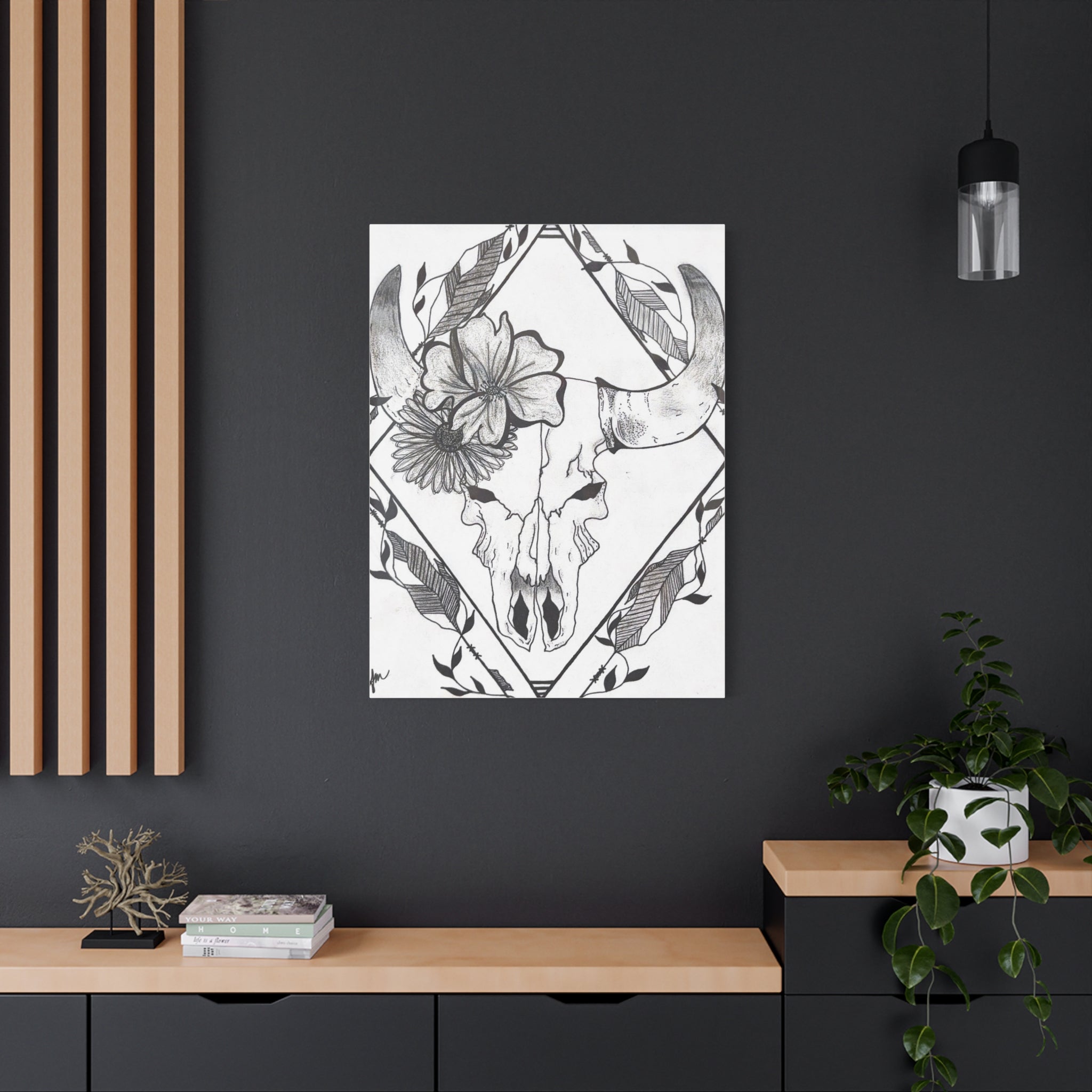 Floral Bull Skull Canvas Print — Black & White Botanical Skull Wall Art