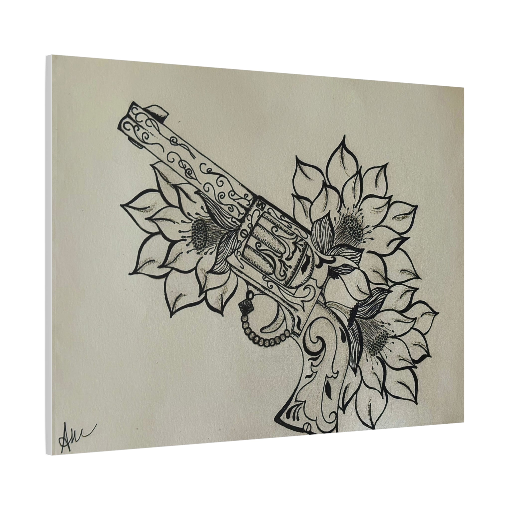 Floral Revolver Canvas Art — Hand-Drawn Gun and Flower Illustration on Matte Stretched Canvas