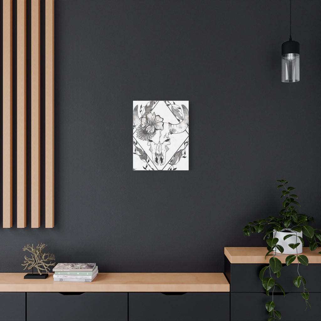 Floral Bull Skull Canvas Print — Black & White Botanical Skull Wall Art