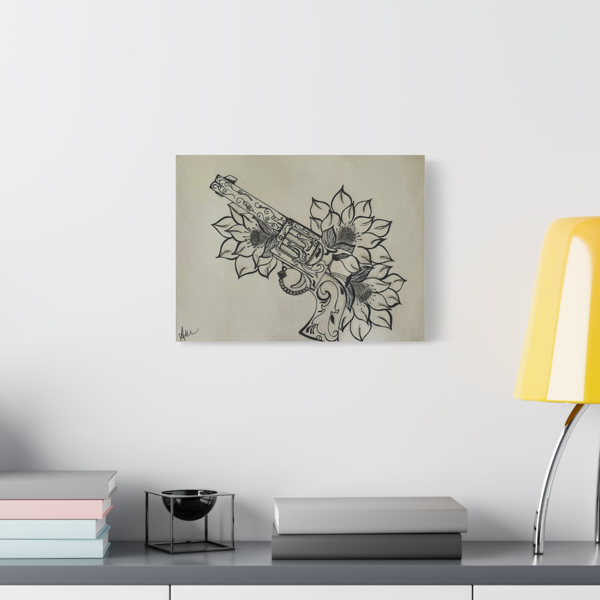Floral Revolver Canvas Art — Hand-Drawn Gun and Flower Illustration on Matte Stretched Canvas