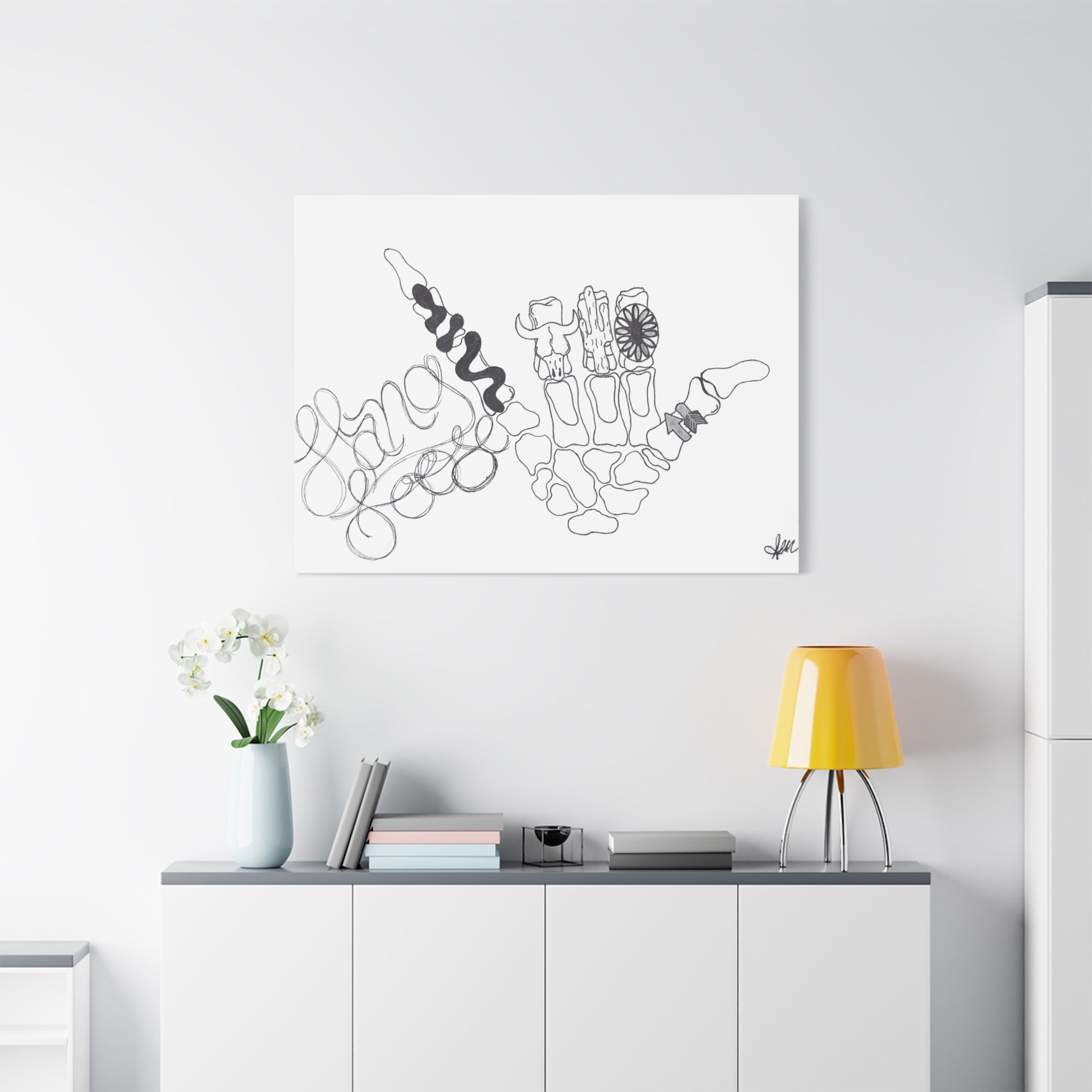 Matte Canvas Wall Art — Minimalist Hand Skeleton Line Drawing "Hang Loose"