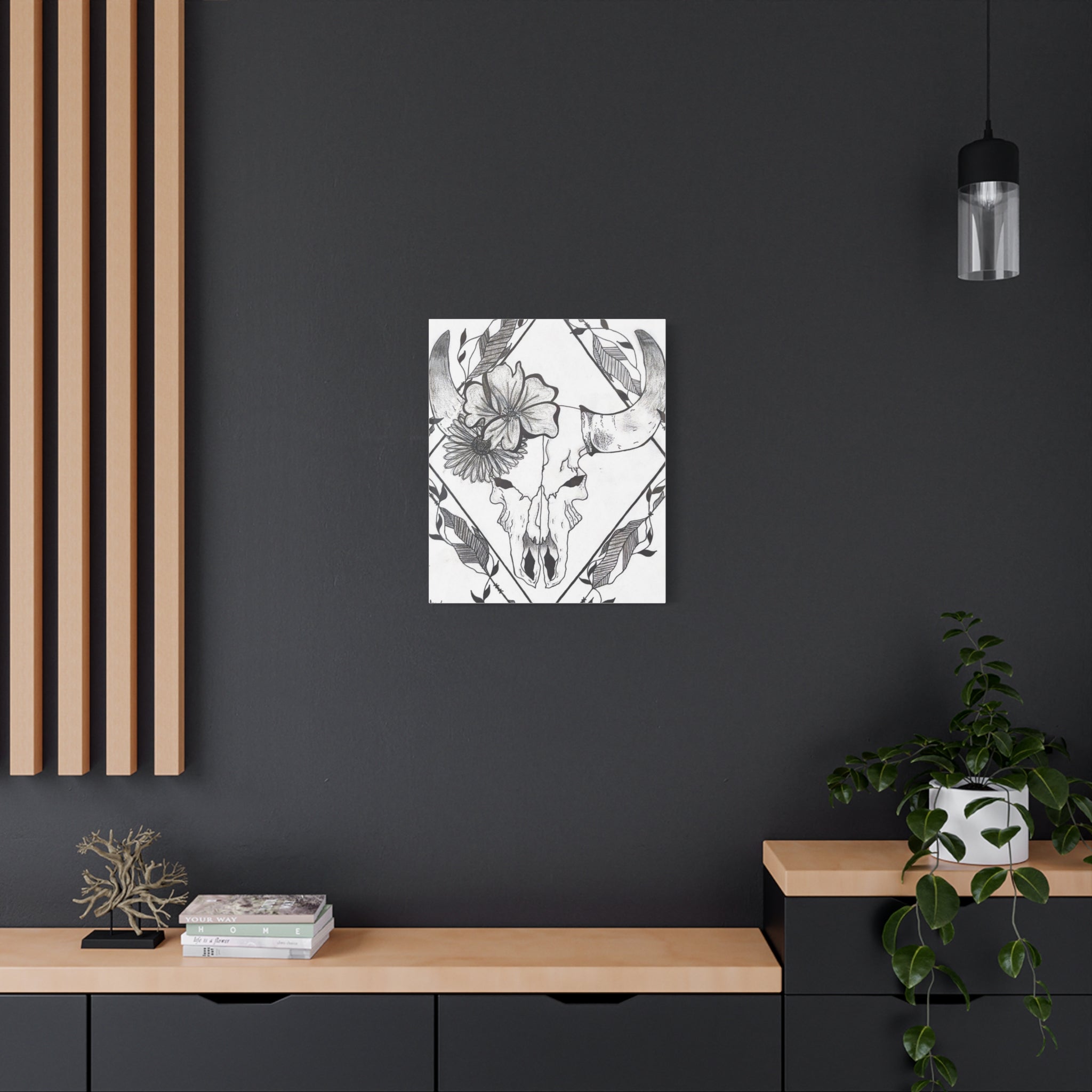 Floral Bull Skull Canvas Print — Black & White Botanical Skull Wall Art