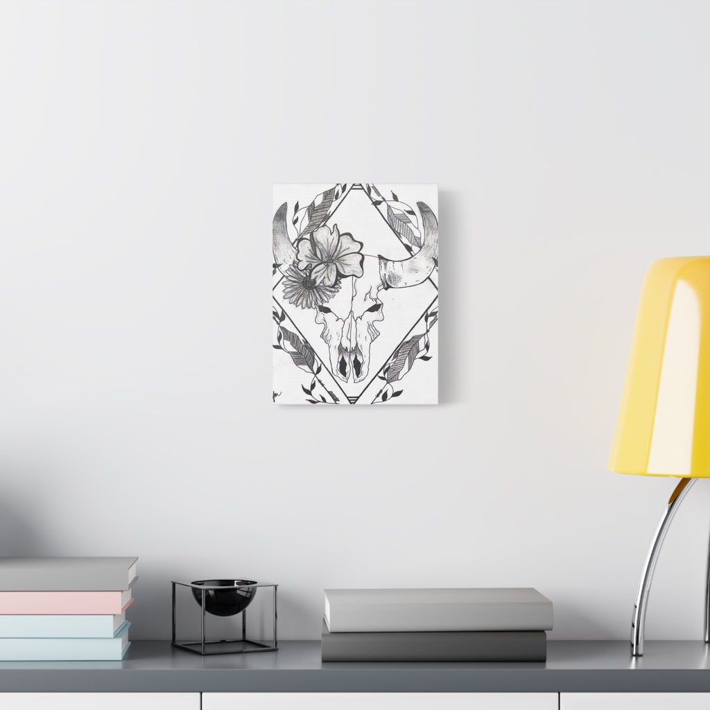 Floral Bull Skull Canvas Print — Black & White Botanical Skull Wall Art