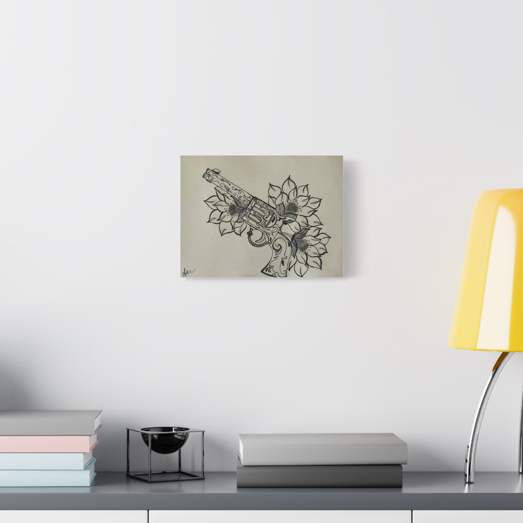 Floral Revolver Canvas Art — Hand-Drawn Gun and Flower Illustration on Matte Stretched Canvas